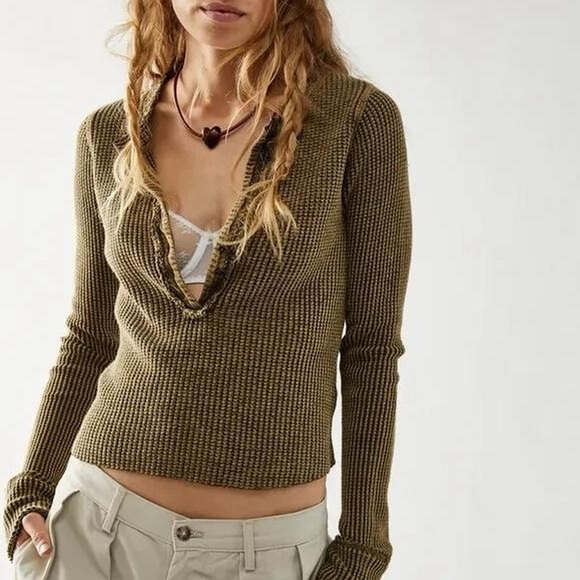 Free People FP ONE Colt Thermal Henley Top in Army Green - XS